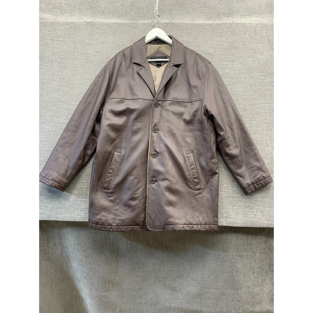 Cezani Leather‎ Jacket Mens Large Brown Lined Notch Lapel Button Front Casual